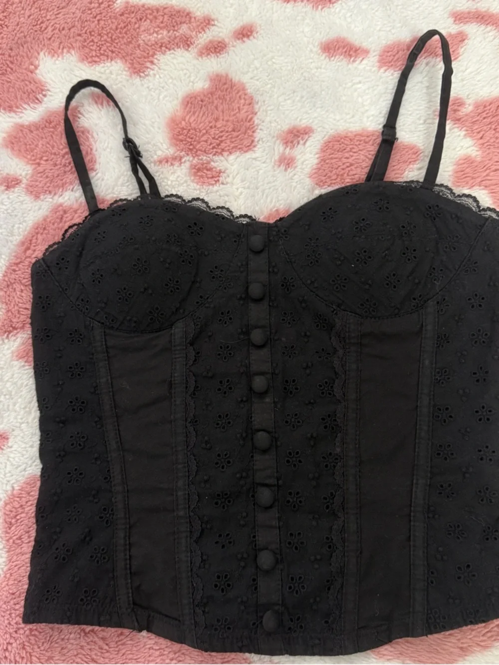 Black Lace Inspired Bustier Eyelet Button Corset Top Front Coquette Y2K S - Picture 2 of 4